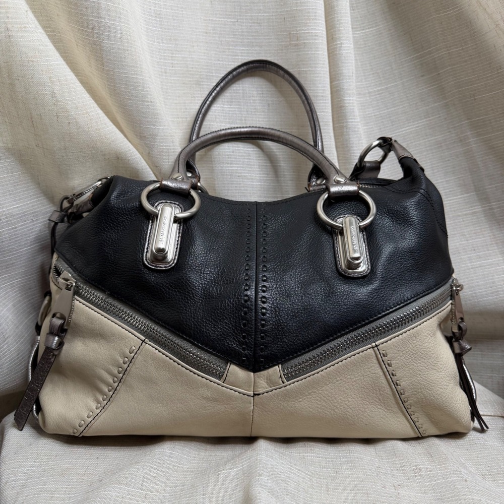 Y2K B. Makowsky Leather Satchel Bag Purse Zippers Black Cream  Silver 14.5x9.5